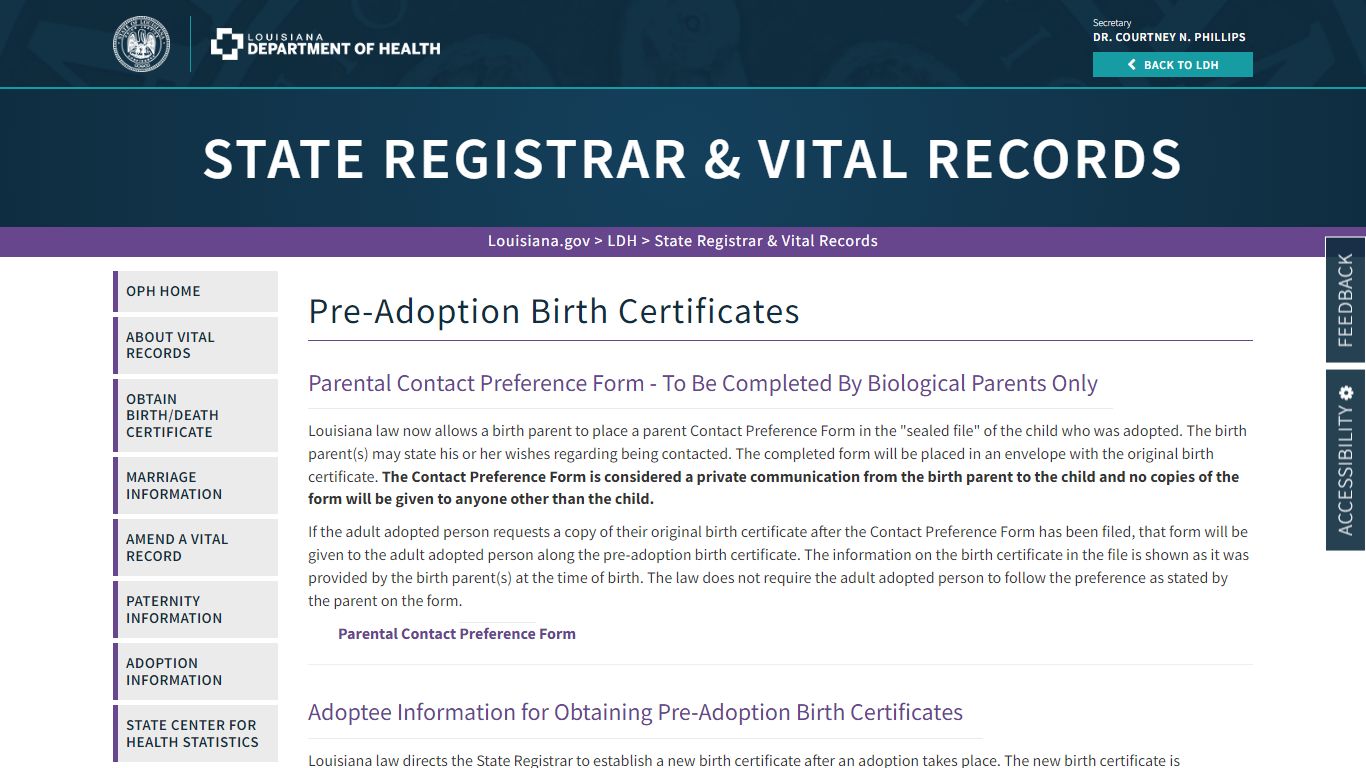 Adoptee Pre-Adoption Certificate | La Dept. of Health